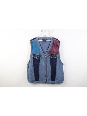 Vintage 90s Streetwear Womens 24 W Patchwork Color Block Denim Vest Jacket Blue